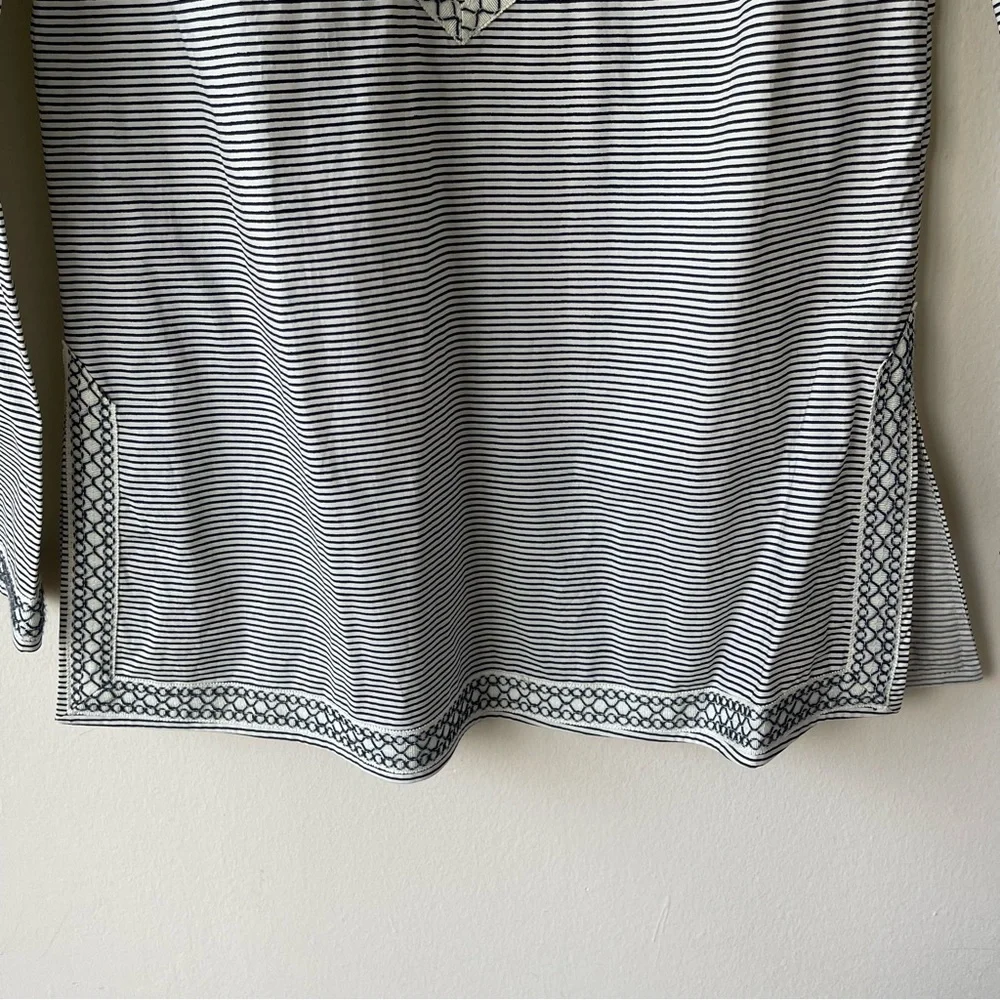 TORY BURCH Skinny Stripe Tunic Top Navy White Embroidered Size 4‎ NWT